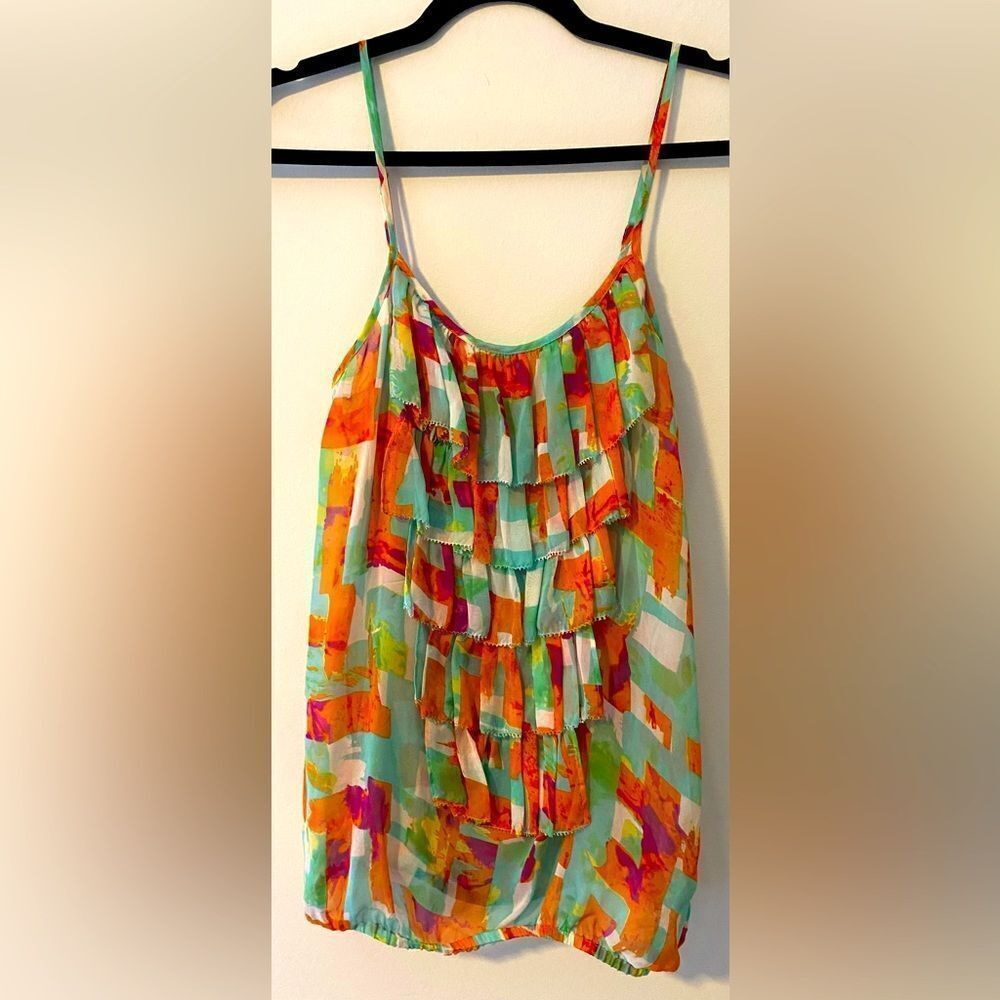 Trinity, Multi Colored Sheer Layered Ruffle Tank w/adjustable Straps